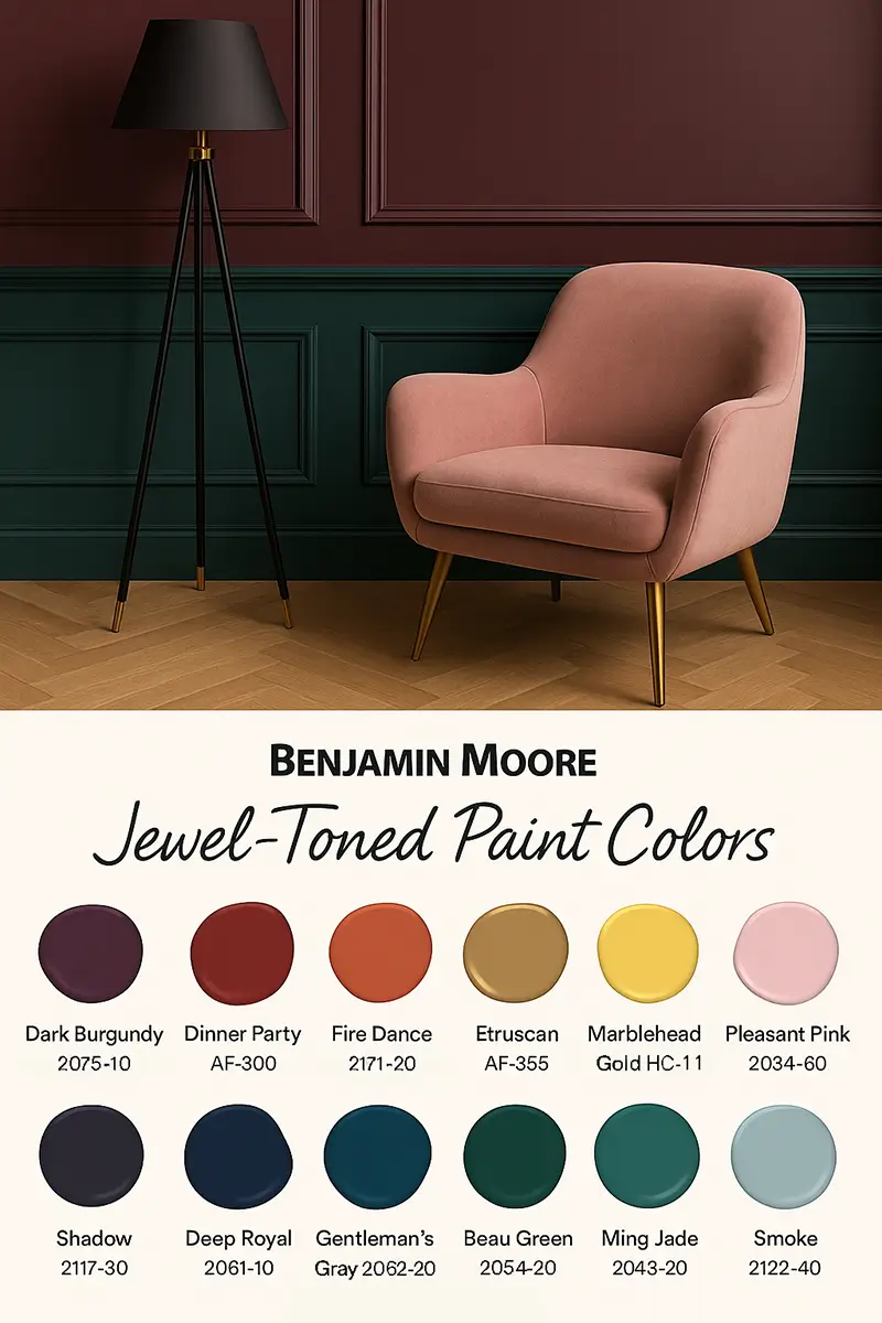 Benjamin Moore jewel tone paint colors featuring 12 rich hues including burgundy, emerald green, sapphire blue, and topaz with their exact color codes