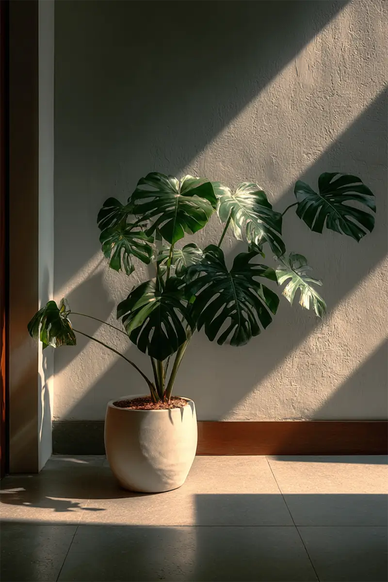 Monstera plant in cream ceramic pot with dramatic shadows on textured white wall creating minimalist entryway focal point