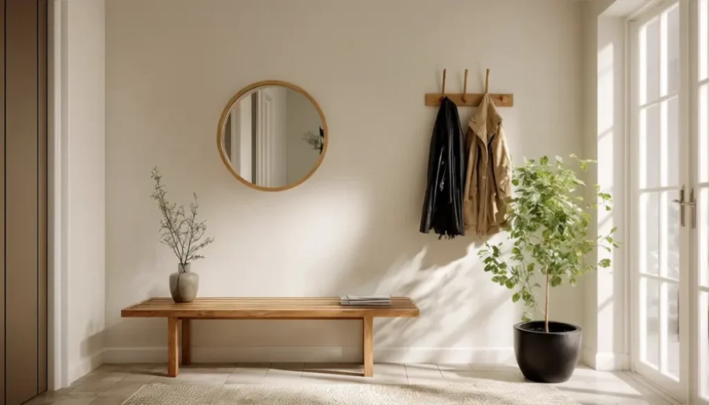 Bright minimalist entryway with wooden bench, round mirror, wall hooks, and potted plants in natural light
