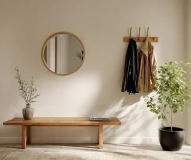 Bright minimalist entryway with wooden bench, round mirror, wall hooks, and potted plants in natural light