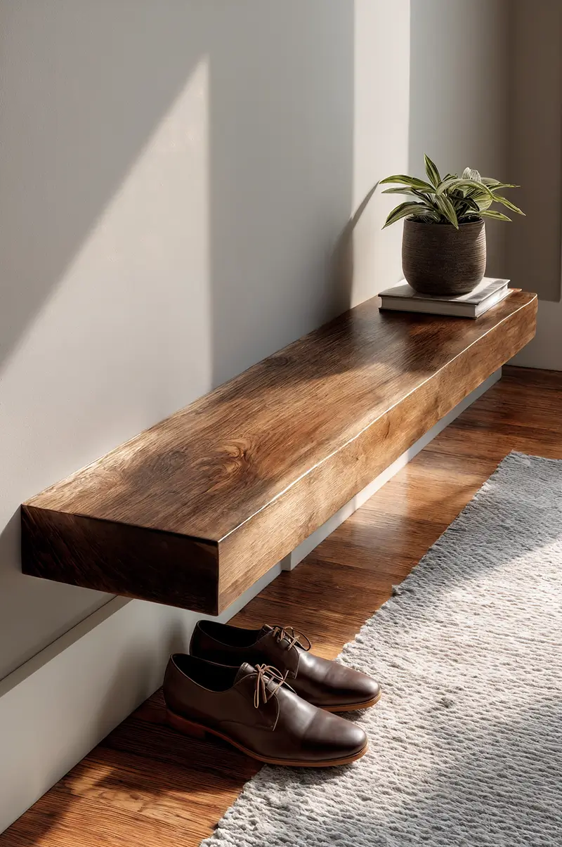 Minimalist floating wooden bench mounted on white wall with small plant, natural sunlight, and shoes beneath