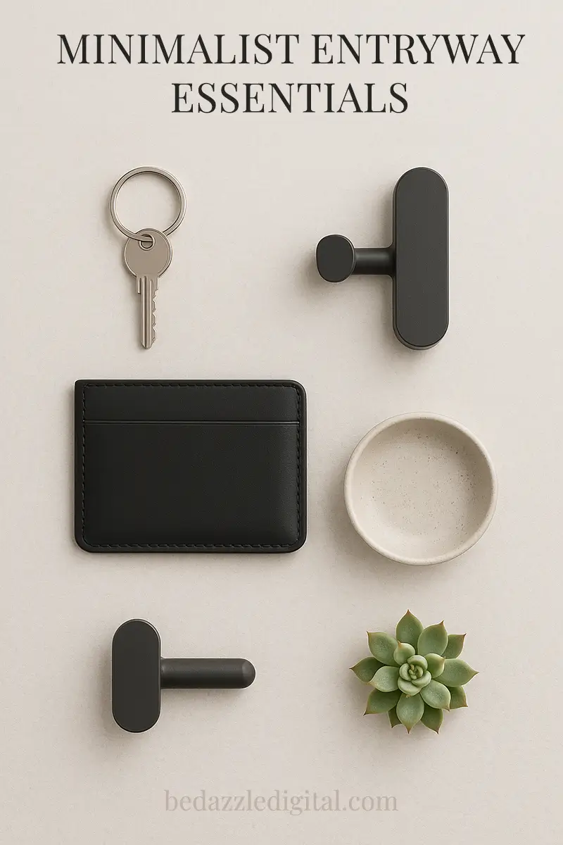 Flat lay arrangement of minimalist entryway essentials including wall hook, key, wallet, ceramic dish, and small succulent on neutral background