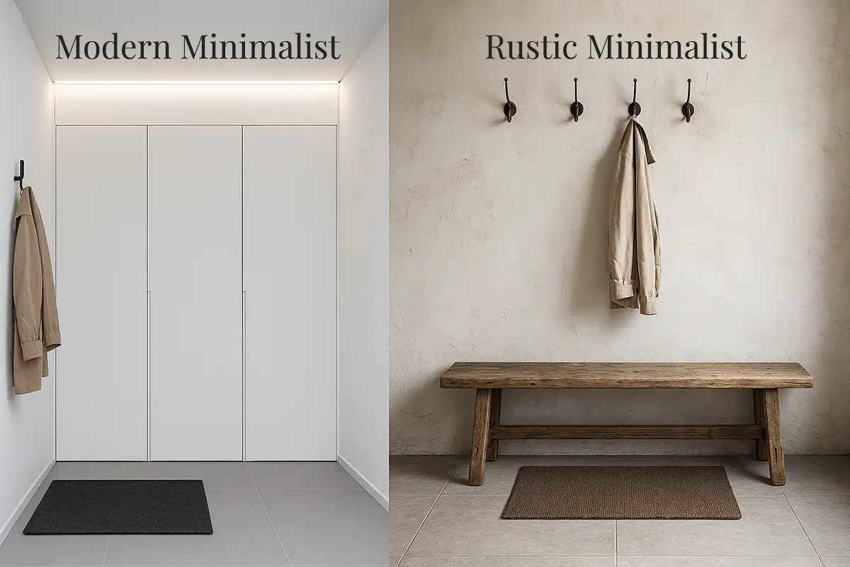 Split image comparing modern minimalist entryway with hidden storage and rustic minimalist entryway with wooden bench and wall hooks