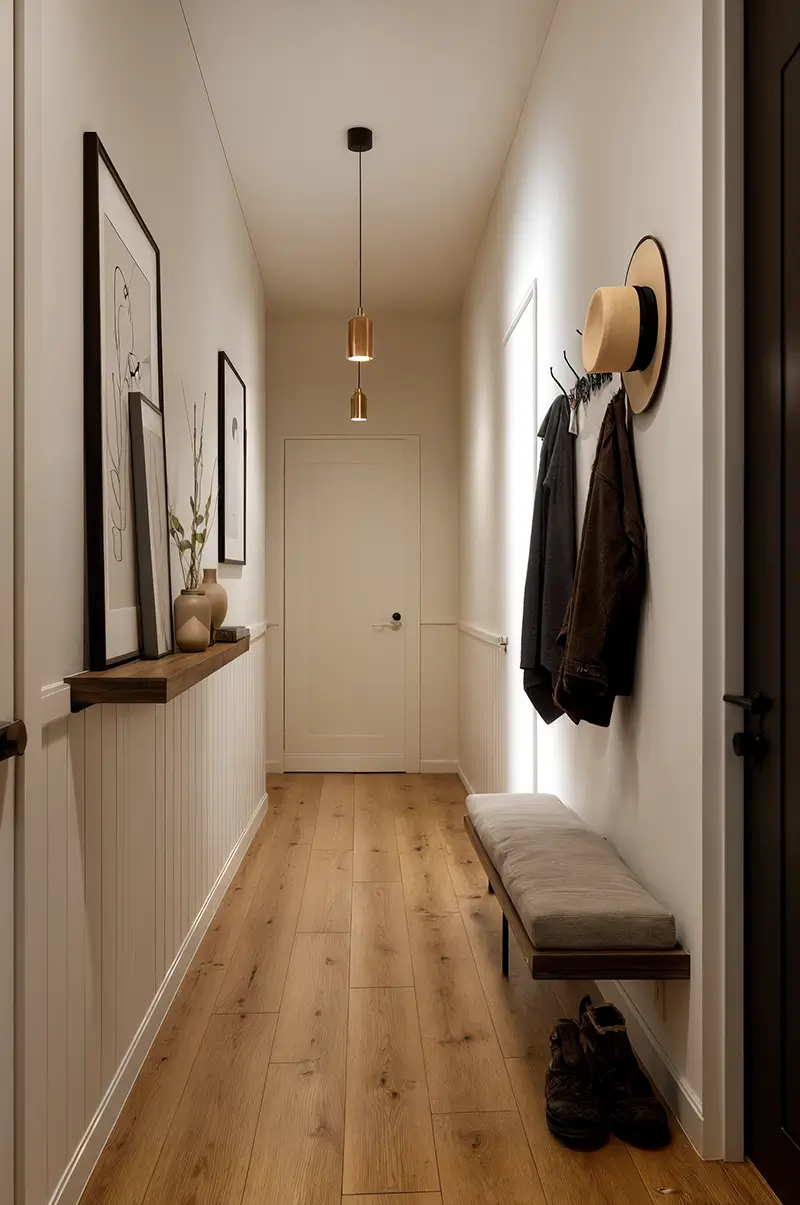 Narrow minimalist hallway with wooden floor, slim bench, wall hooks, framed artwork and pendant lighting creating functional entryway