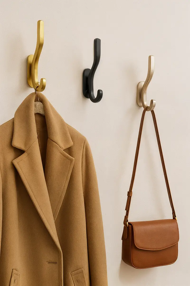  Three elegant wall hooks in brass, black and bronze finishes with camel coat and leather bag hanging on minimalist wall