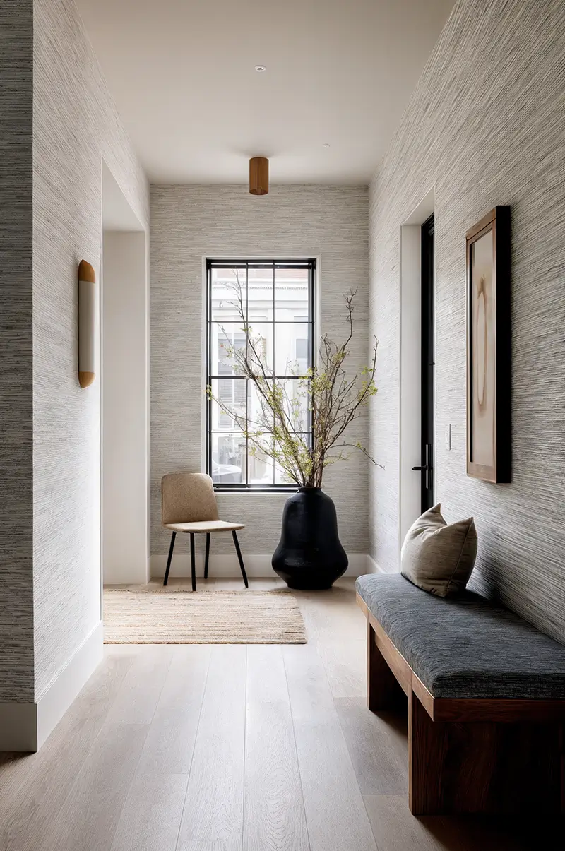 Elegant minimalist entryway with textured wallpaper, wooden bench, large plant in ceramic vase, and light wood flooring