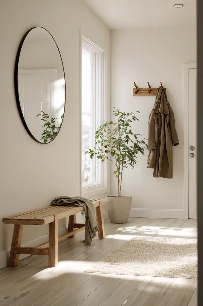 Bright white minimalist entryway with wooden bench, oval mirror, small tree in ceramic pot, natural textiles, and warm natural light