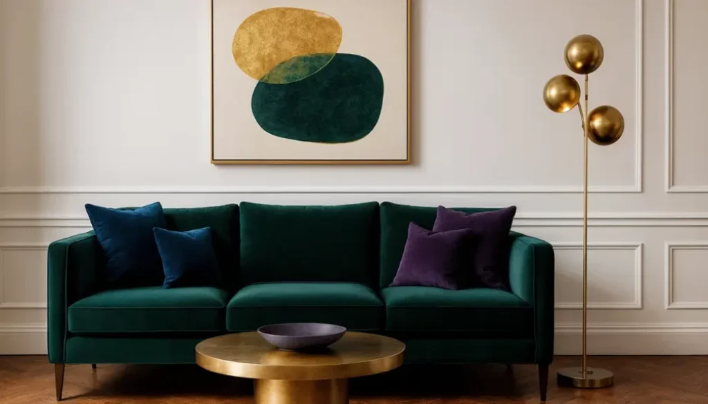 Luxury jewel tone interior design featuring emerald green velvet sofa with gold coffee table, abstract art, and purple accent pillows