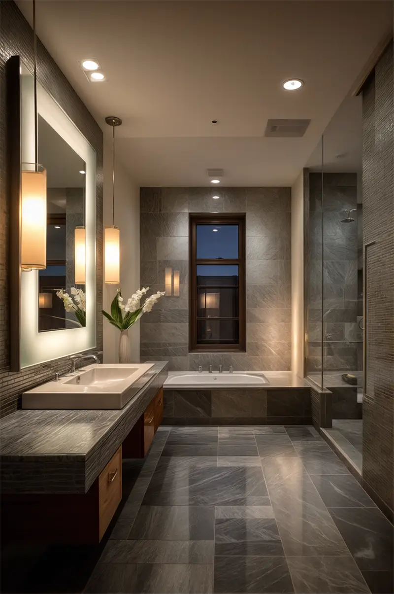 Layered lighting design with pendant lights, recessed ceiling lights, and natural stone tiles in warm minimalist bathroom