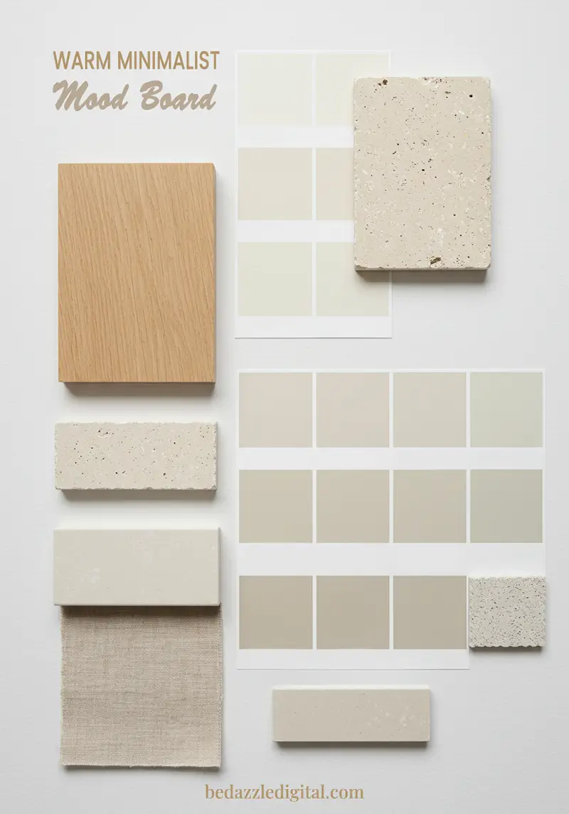 Warm minimalist mood board showing natural wood, travertine stone, and neutral beige color palette samples for bathroom design