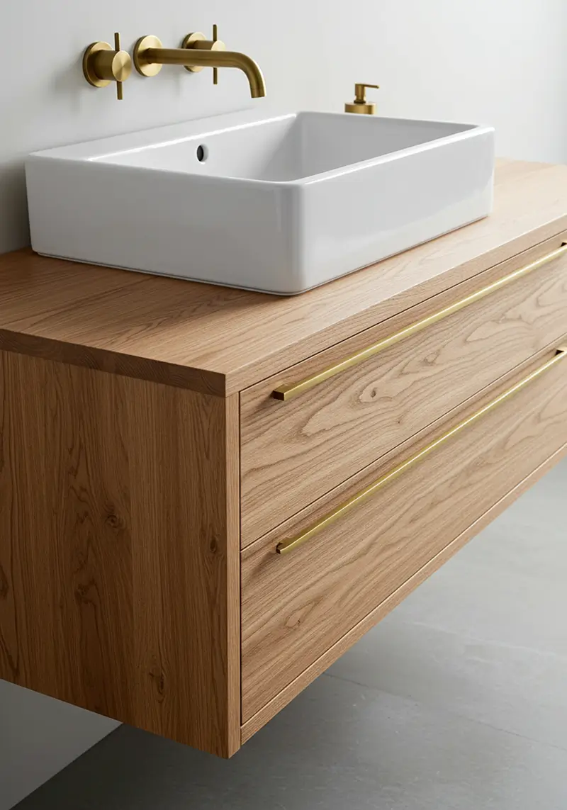 Clean geometric white vessel sink on natural wood floating vanity with brass wall-mounted faucet in warm minimalist bathroom design