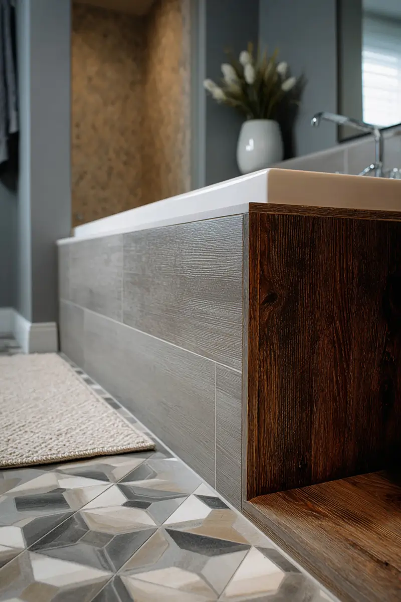 Natural wood grain bathtub surround with geometric patterned floor tiles and linear wall textures showcasing clean lines in warm minimalist bathroom design