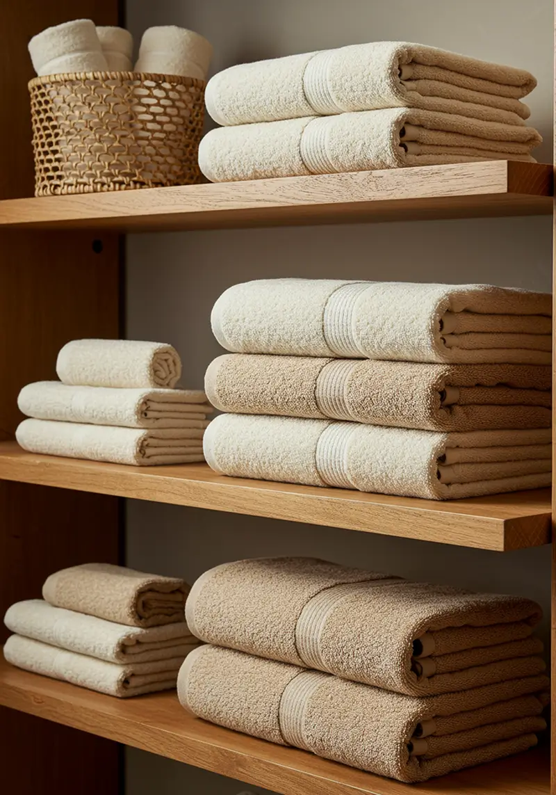 Organic cotton towels in neutral beige tones neatly arranged on floating wooden shelves with woven basket storage