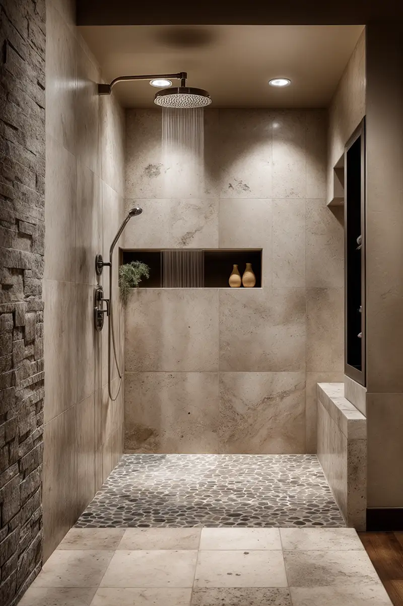 Natural stone shower with rainfall showerhead, built-in niche, and pebble floor accent in warm minimalist bathroom