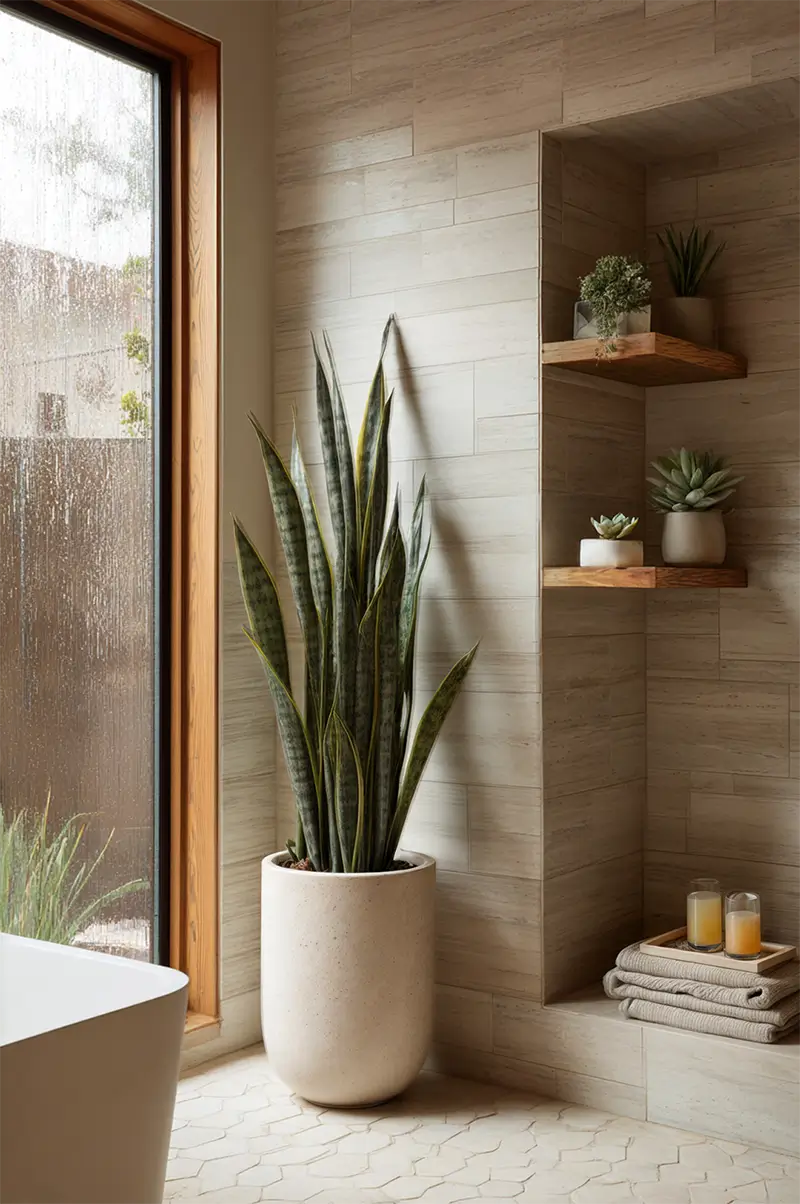 Large snake plant in ceramic planter with floating wood shelves displaying succulents in warm minimalist bathroom corner