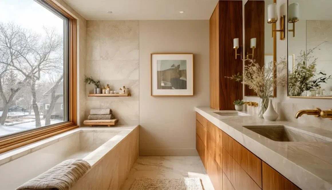 Warm-minimalist-bathroom Warm minimalist bathroom featuring natural wood vanity, marble countertops, built-in bathtub, and large window with natural light