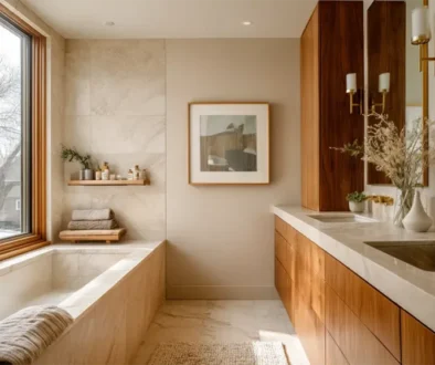Warm minimalist bathroom featuring natural wood vanity, marble countertops, built-in bathtub, and large window with natural light