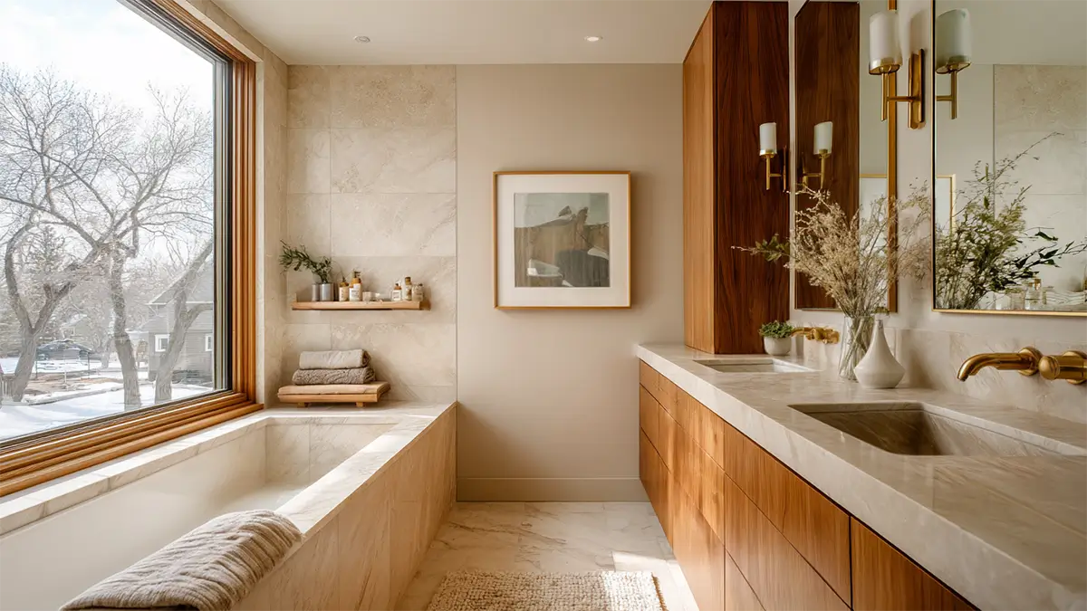 Warm minimalist bathroom featuring natural wood vanity, marble countertops, built-in bathtub, and large window with natural light
