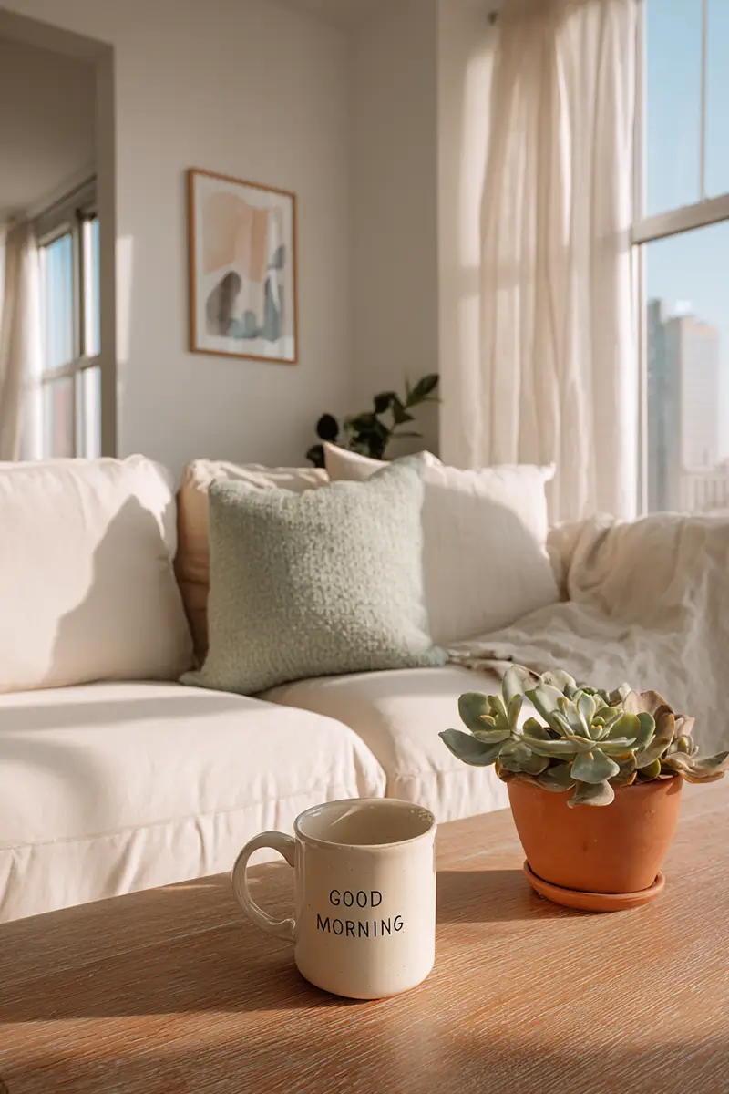 Serene minimalist living room with white sofa, minimal decor, and natural light, demonstrating how minimalism can reduce stress