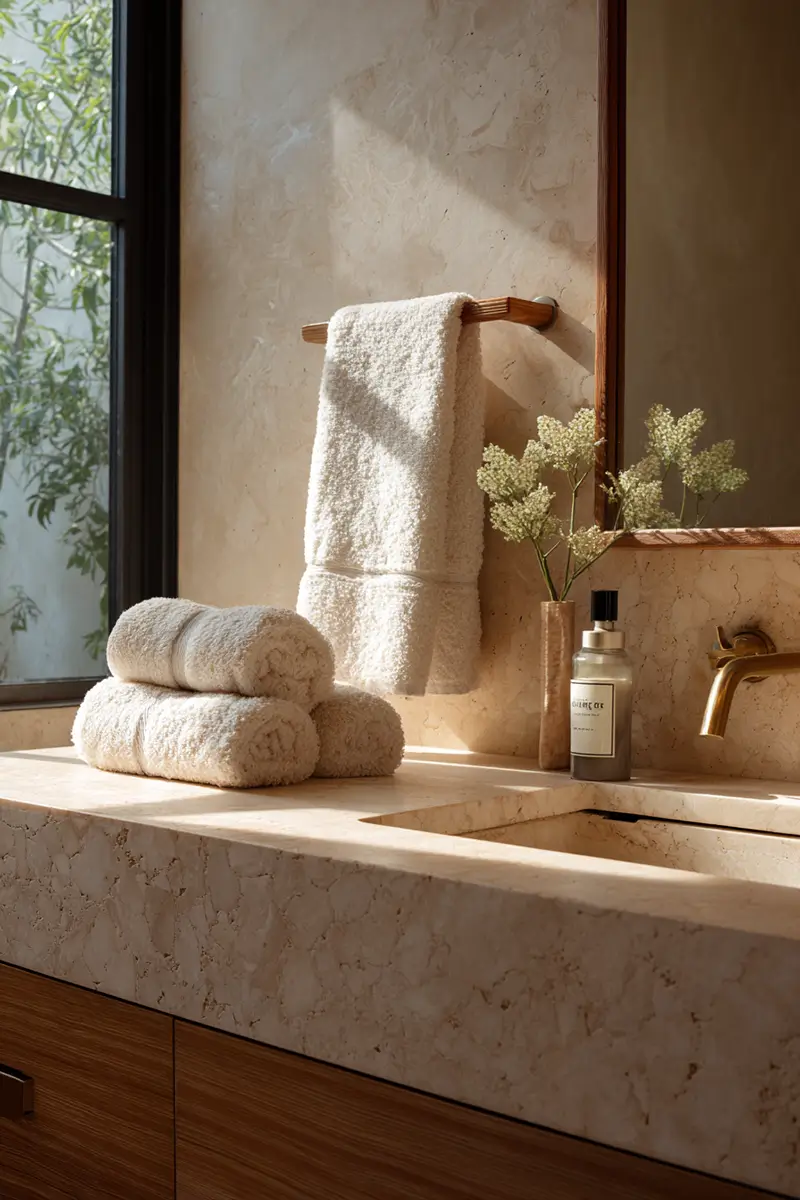 Minimalist bathroom with clean lines, organized towels, and simple decor demonstrating stress-reducing minimalist design principles