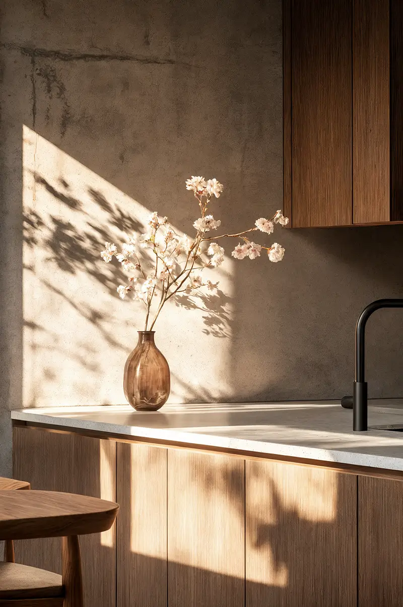 Modern minimalist kitchen with warm wood tones and clean organization showing neuroscience-based minimalist design for stress reduction that prioritizes nervous system health over social media aesthetics