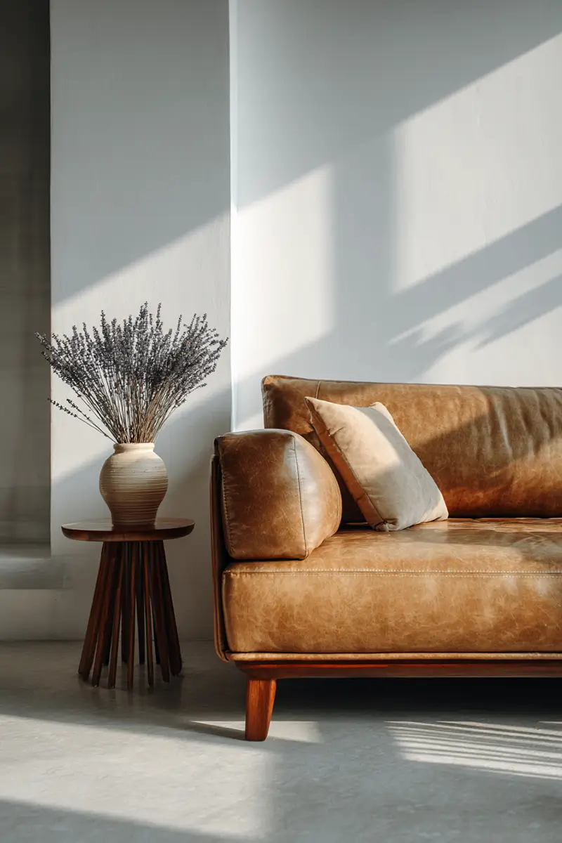 Modern minimalist living room with cognac leather sofa and curated decor, showing how minimalism reduces stress by reducing visual clutter