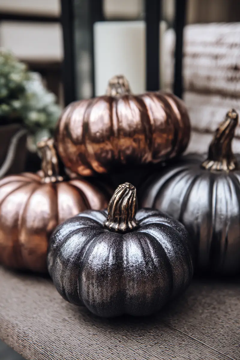 Collection of pumpkins spray-painted in sophisticated metallic finishes including bronze, rose gold, and charcoal arranged on wooden surface with neutral background demonstrating the luxury Halloween decoration 