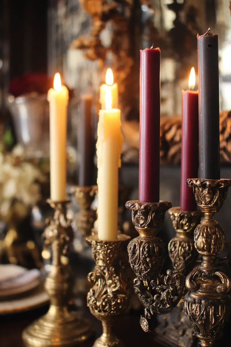 Ornate brass candelabras with burgundy and ivory taper candles in atmospheric lighting with autumn branches in background