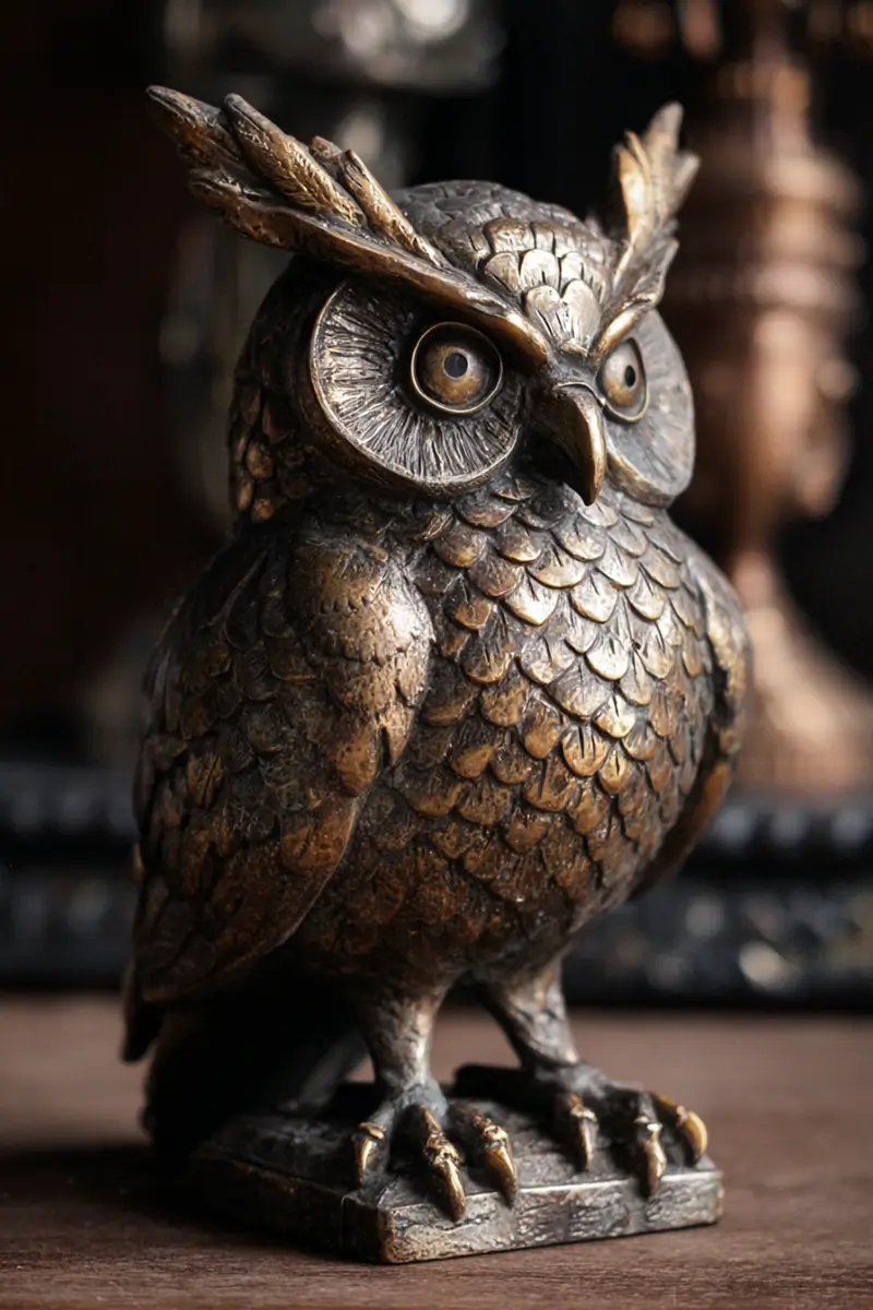 Detailed bronze owl sculpture with intricate feather texturing and glass eyes on dark wooden surface as an luxury Halloween decoration idea