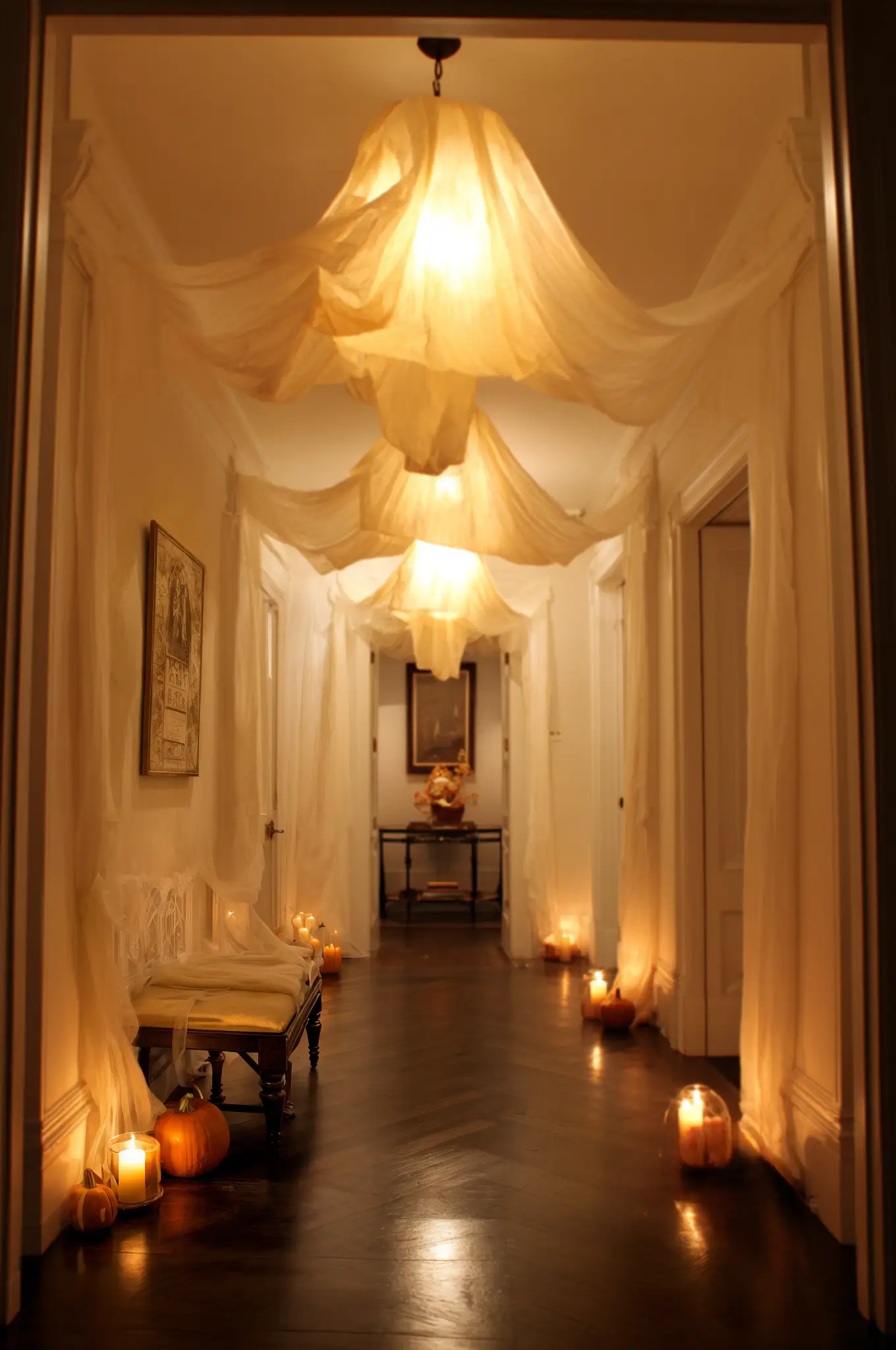 Elegant hallway with flowing white fabric panels creating ethereal atmosphere, warm lighting, and sophisticated architectural details representing luxury Halloween decoration example