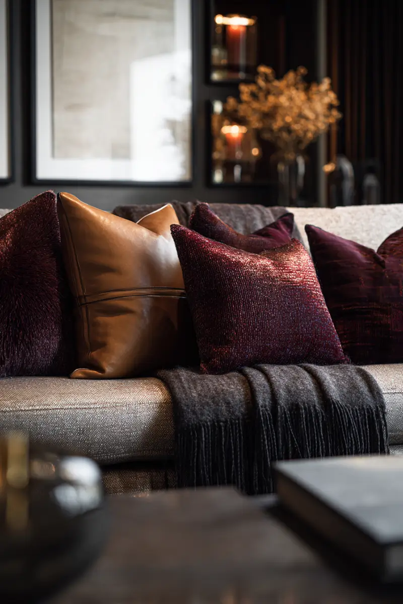 Close-up of cognac leather and burgundy textured pillows on neutral sofa with warm ambient lighting, ideal luxury Halloween decor