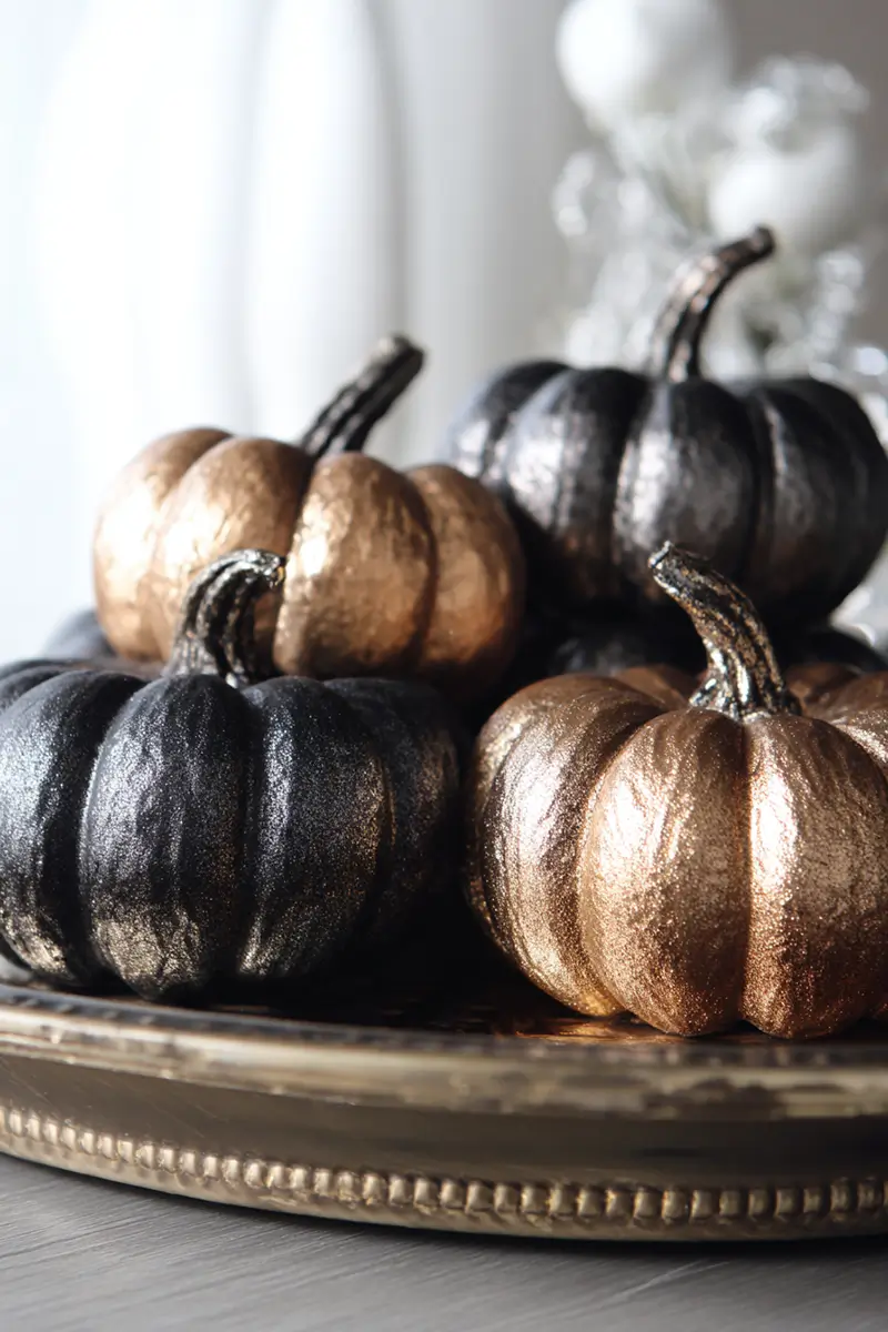 Collection of pumpkins spray-painted in sophisticated metallic finishes - bronze and charcoal - arranged on elegant silver tray as a luxury halloween decoration idea