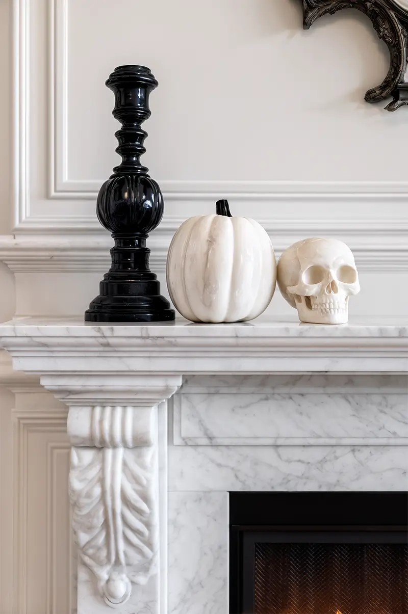 White marble fireplace mantle with three Minimalist Halloween decorations - black candlestick, white pumpkin, cream skull following rule of three