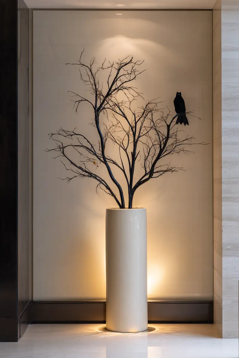 Sculptural Halloween tree with black branches in white ceramic vase and single owl silhouette in modern interior niche