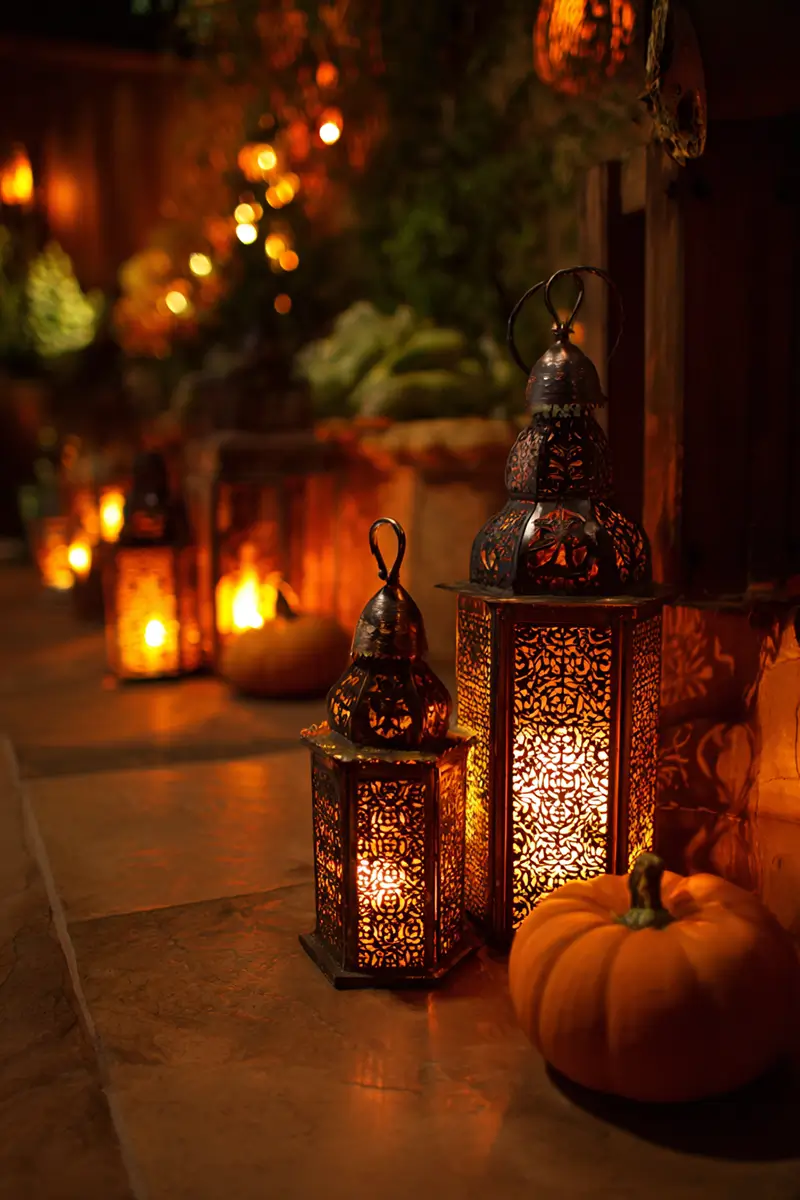 Ornate Moroccan-style copper lanterns with intricate patterns casting warm light and shadows in atmospheric setting, Halloween themed