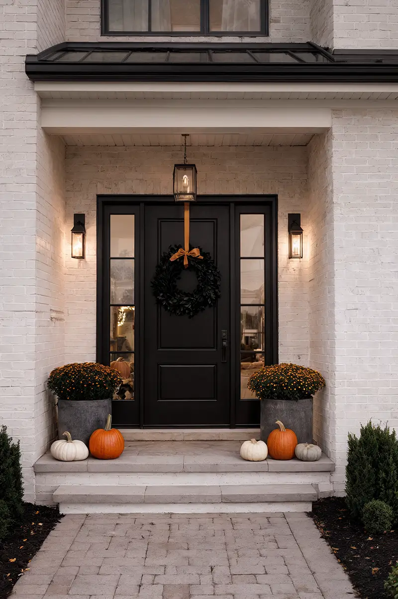 Modern front door with black wreath and natural pumpkins - sophisticated Halloween curb appeal without visual clutter