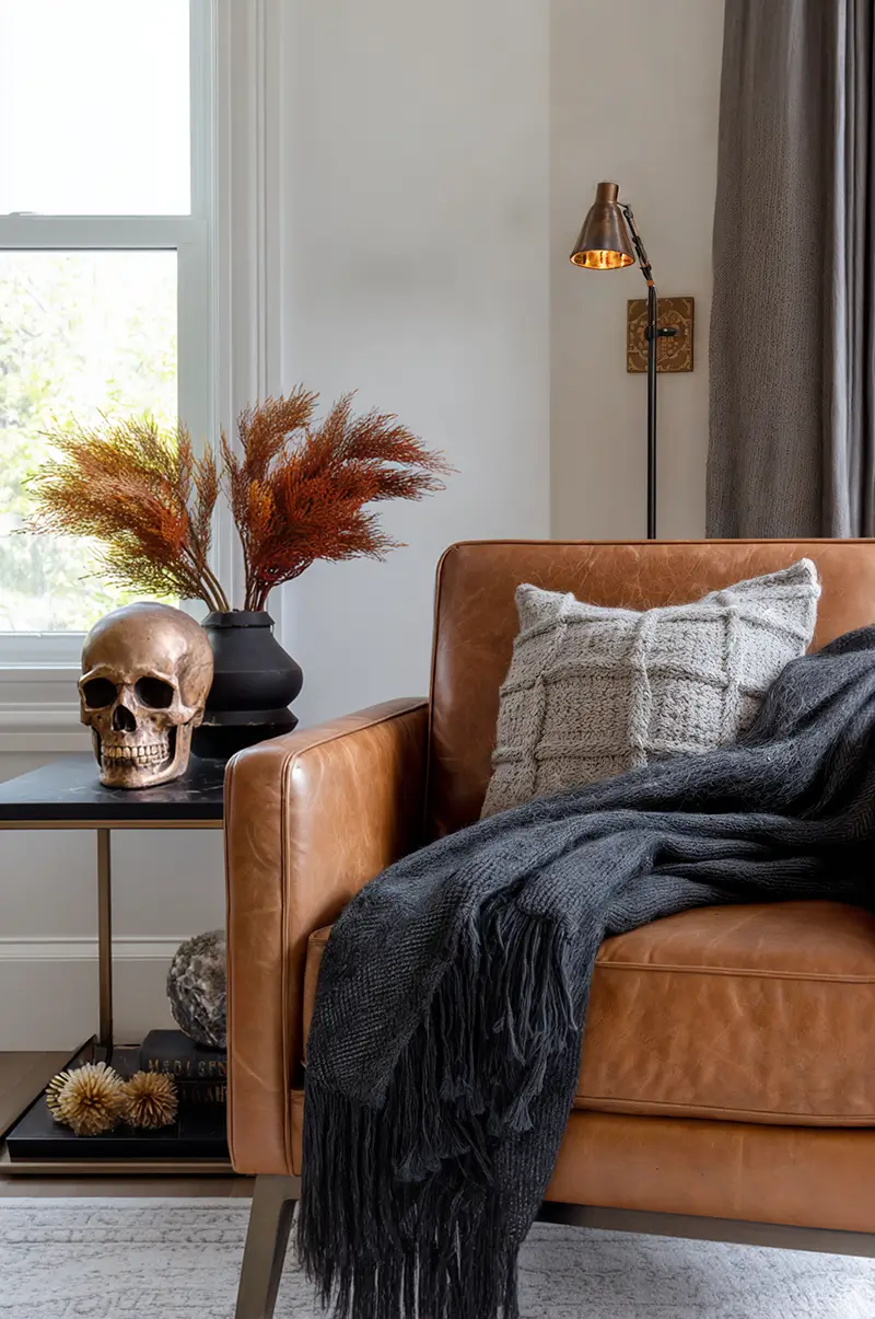 Cognac leather reading chair with charcoal throw, bronze skull sculpture, dried pampas grass in black vase, warm brass floor lamp presenting elegant Halloween look
