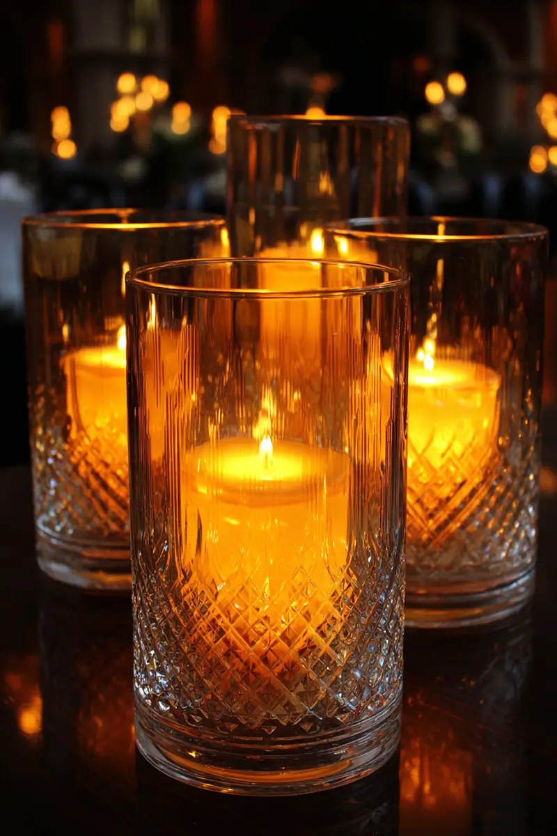 Cut crystal hurricane glasses with flickering LED candles creating warm amber glow on dark surface as a luxury Halloween decoration idea