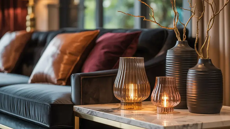 Elegant home exterior with amber lanterns lining pathway, burgundy chrysanthemum planters, and warm architectural lighting