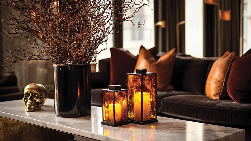 Sophisticated living room with subtile luxury Halloween decorations featuring amber crystal hurricane lanterns on marble table, bronze sculptural branches in black vases, cognac leather pillows on charcoal sofa, warm atmospheric lighting