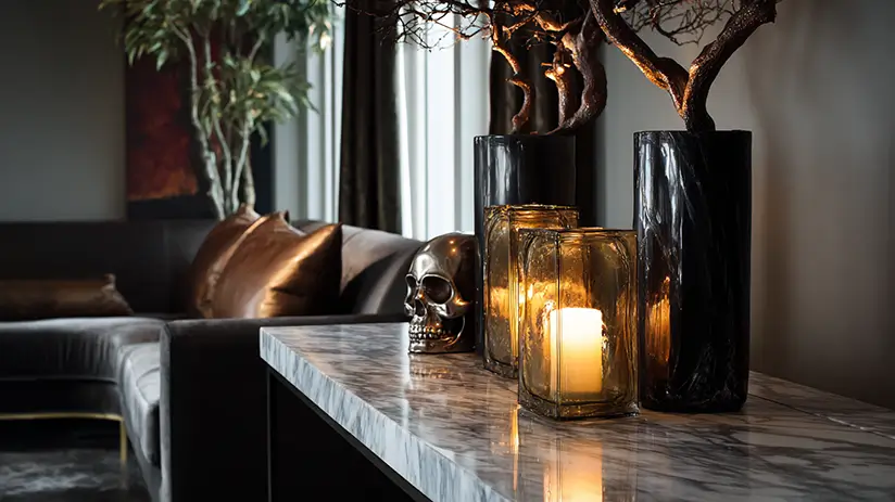 Elegant coffee table vignette with amber hurricane lanterns, bronze skull sculpture, and sculptural branches in black ceramic vases