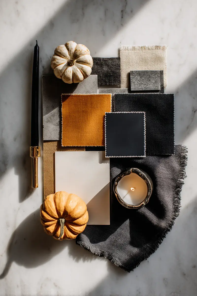 Halloween color palette flat lay with fabric swatches in muted orange, black, cream and natural textures with pumpkins