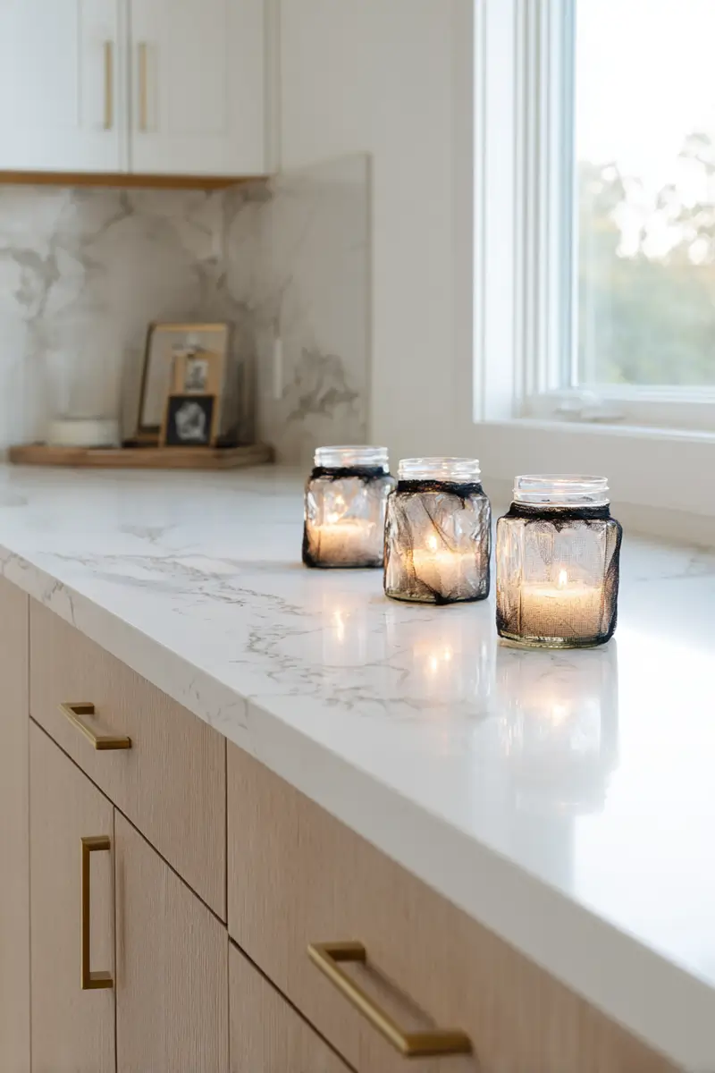 Three glass jar luminaries with black fabric and warm LED candles on marble kitchen counter - DIY minimalist Halloween decor