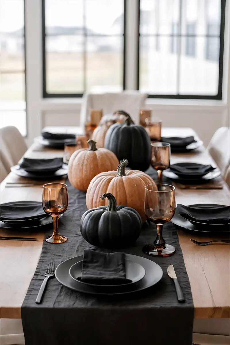 Elegant Halloween dining table with minimalist Halloween decor: natural pumpkins, black table runner, and amber glassware