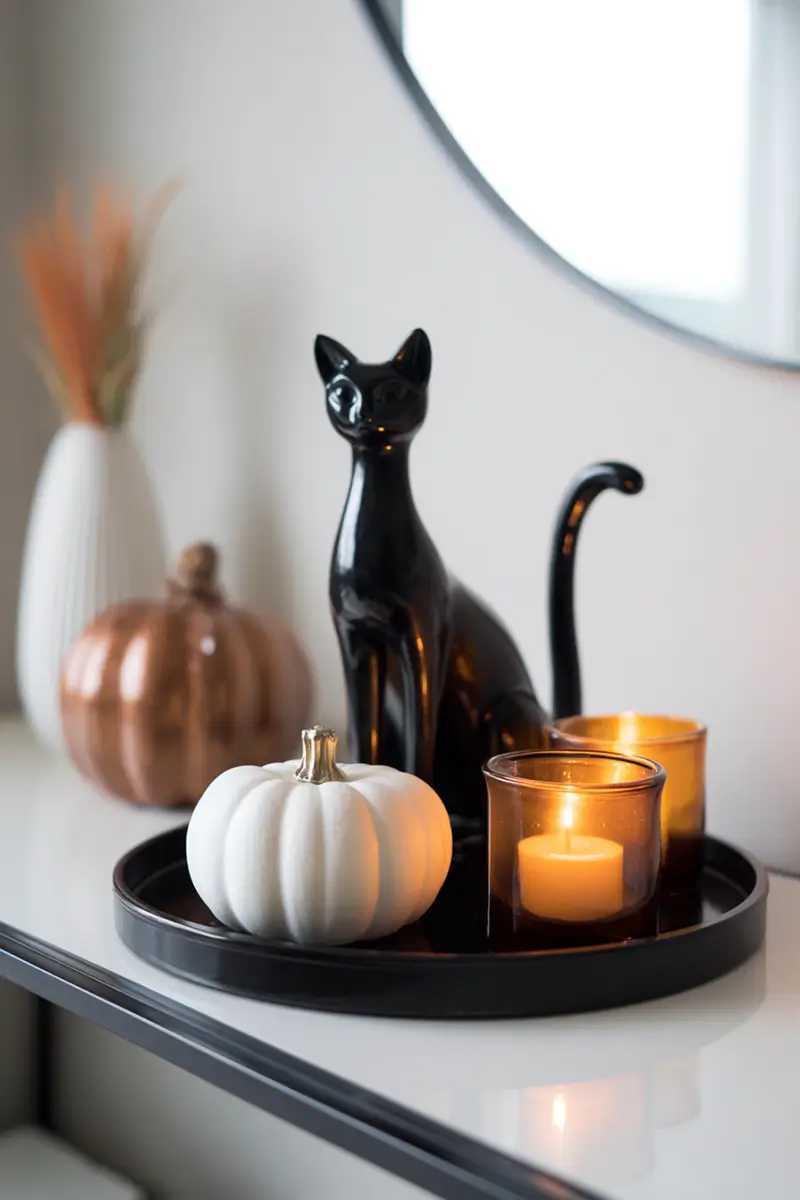 Black ceramic cat sculpture with white pumpkin and amber candles on black tray - a statement piece of minimalist Halloween decorations