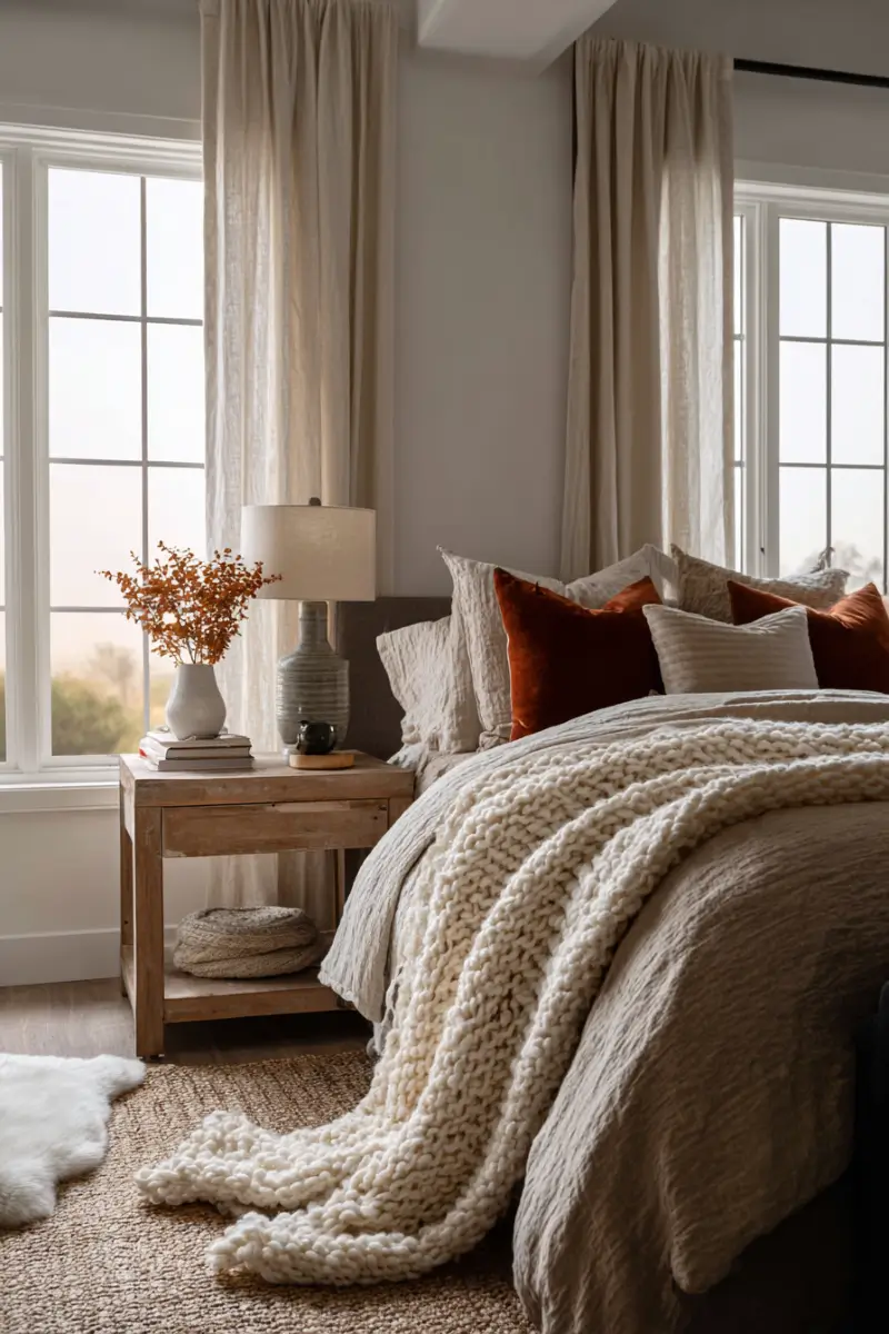 Cozy fall bedroom with layered textiles including knit throws, velvet pillows, and natural rugs