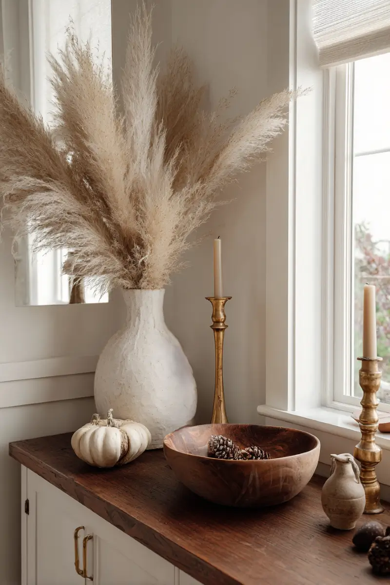 Console table decorated with natural materials, including jute, ceramic, and wood for the fall season