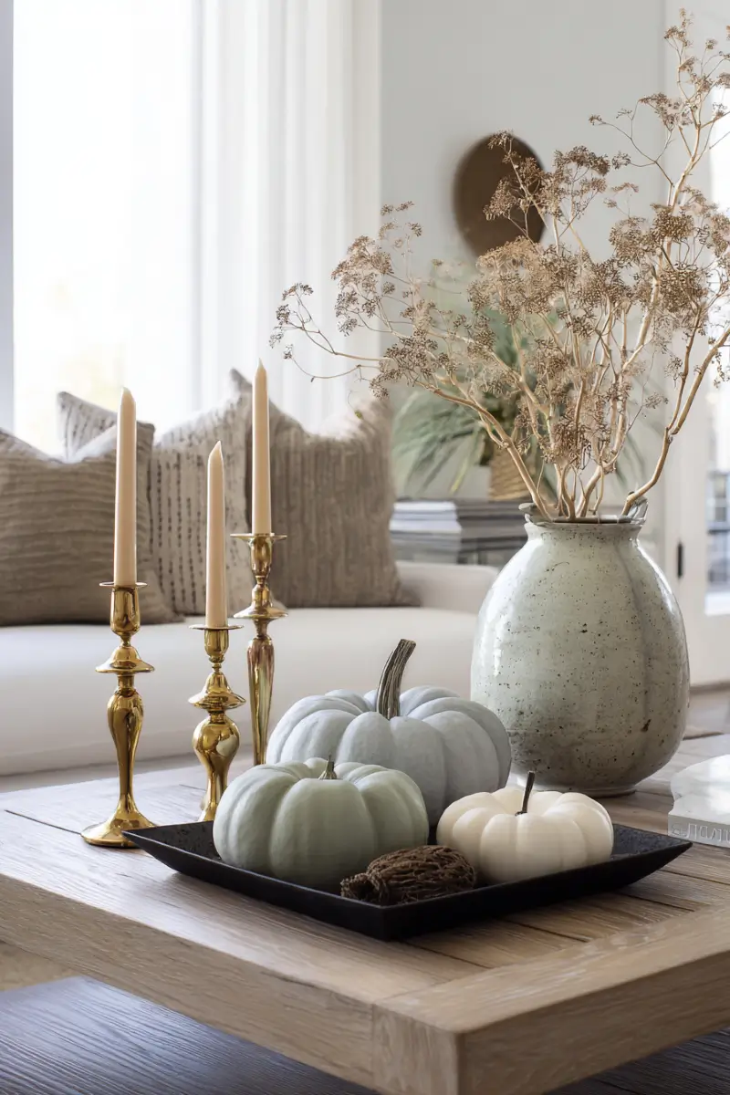 Sculptural pumpkins in muted tones arranged as an elegant fall centerpiece with brass accents