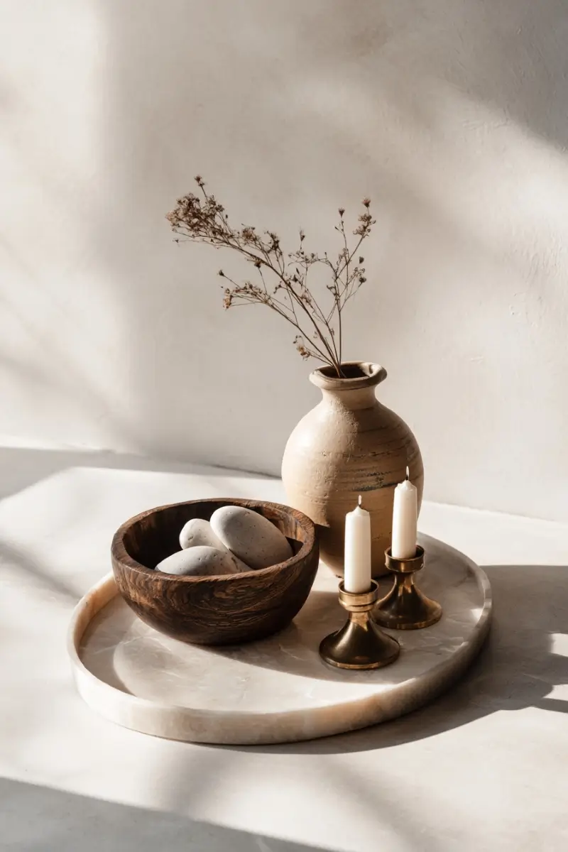 Coffee table featuring stone elements including marble tray and river stones for grounded fall decor