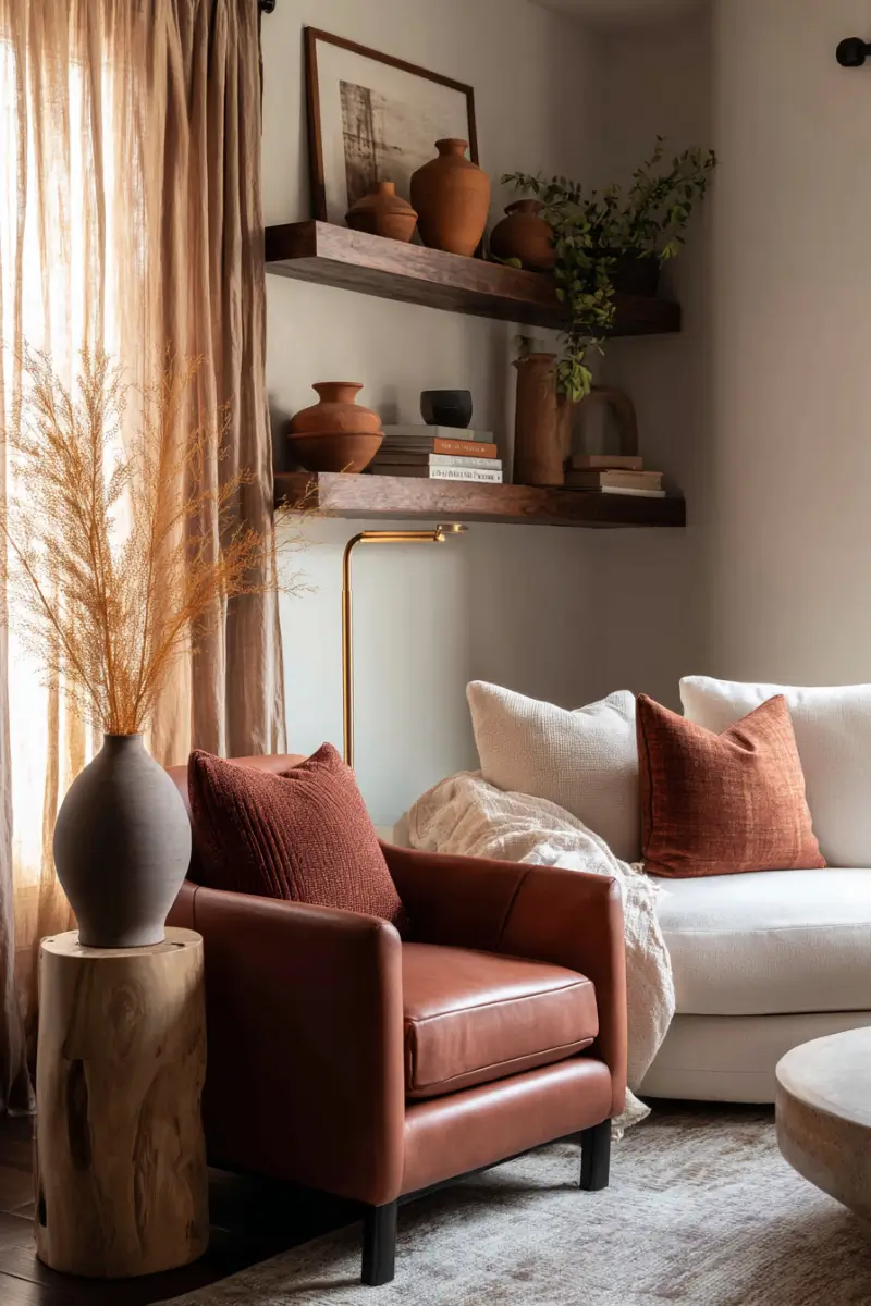 Living room showcasing terracotta trend with leather chair, ceramic vases, and warm autumn tones